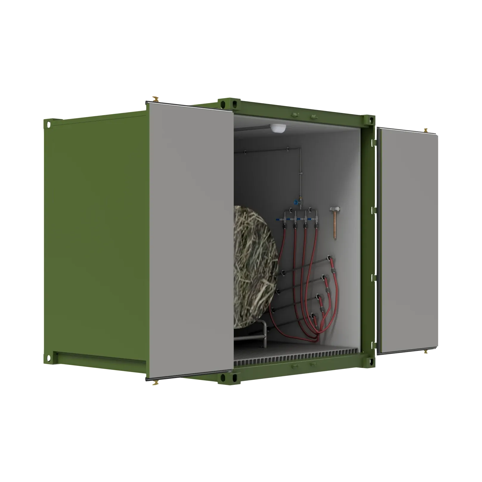 DINO HAY STEAMER – Interior view with hay bale, doors open (3D render)